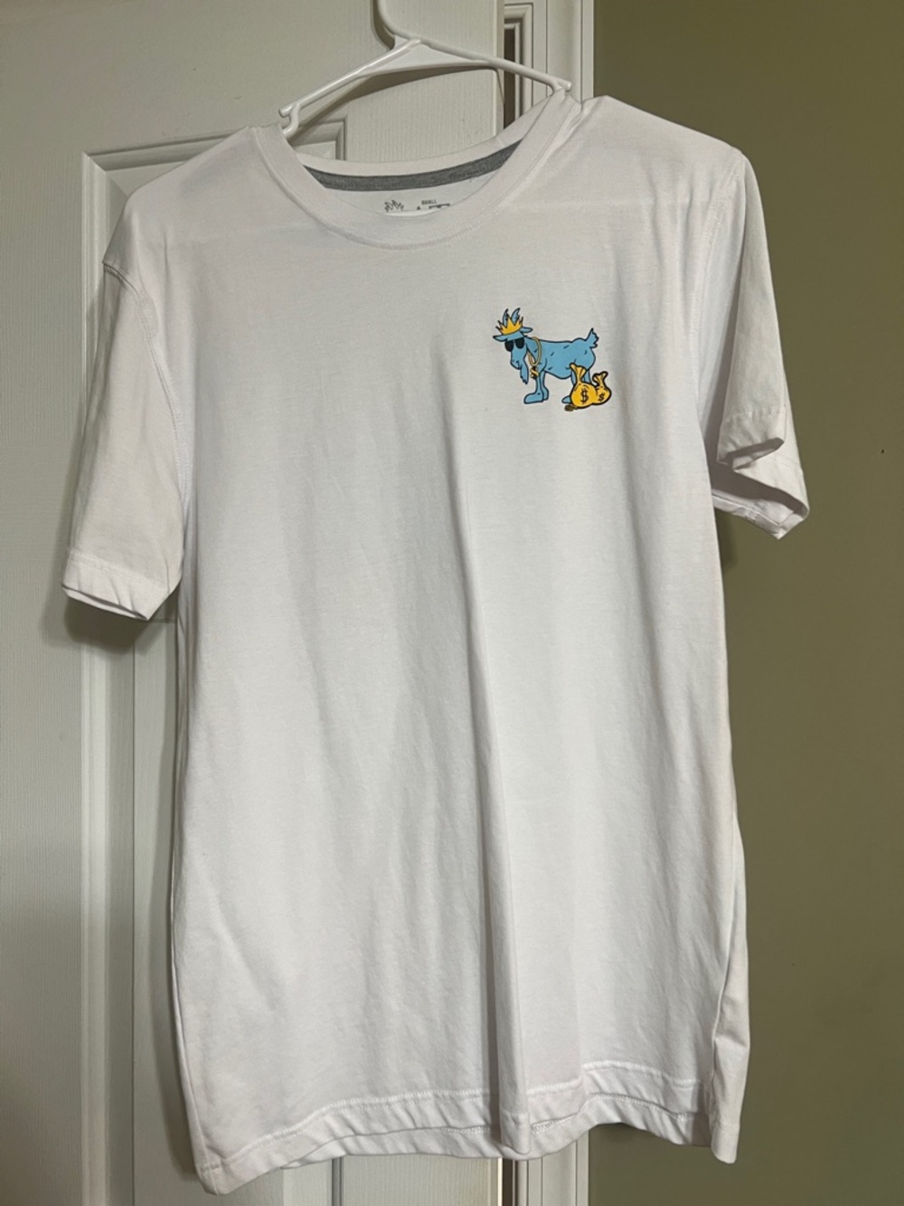 Goat White Graphic Tee with Small Blue Cartoon Goat lacrosse